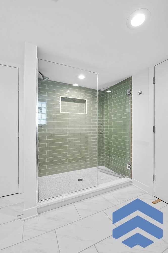 Basement bathroom with the shower area re-tiled