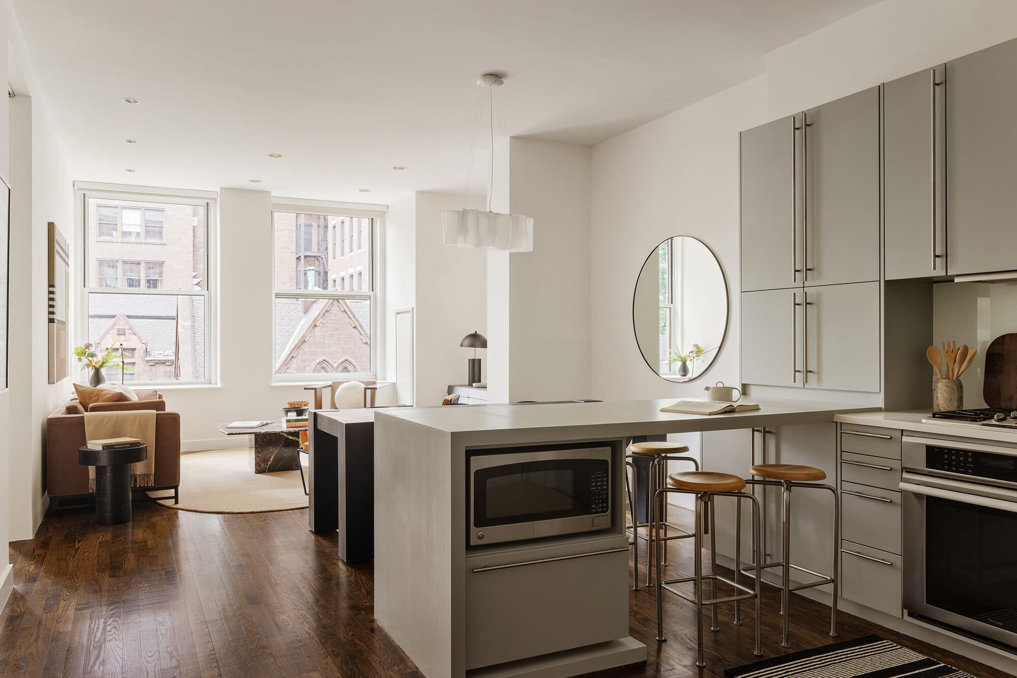 Open kitchen and living area of the renovated Gramercy Park apartment