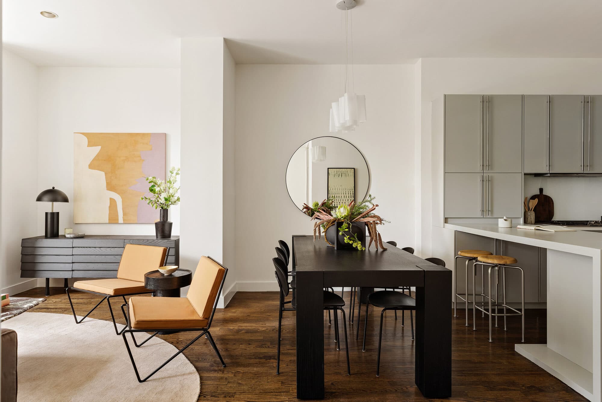 Dining and kitchen of a full apartment renovation in Gramercy Park
