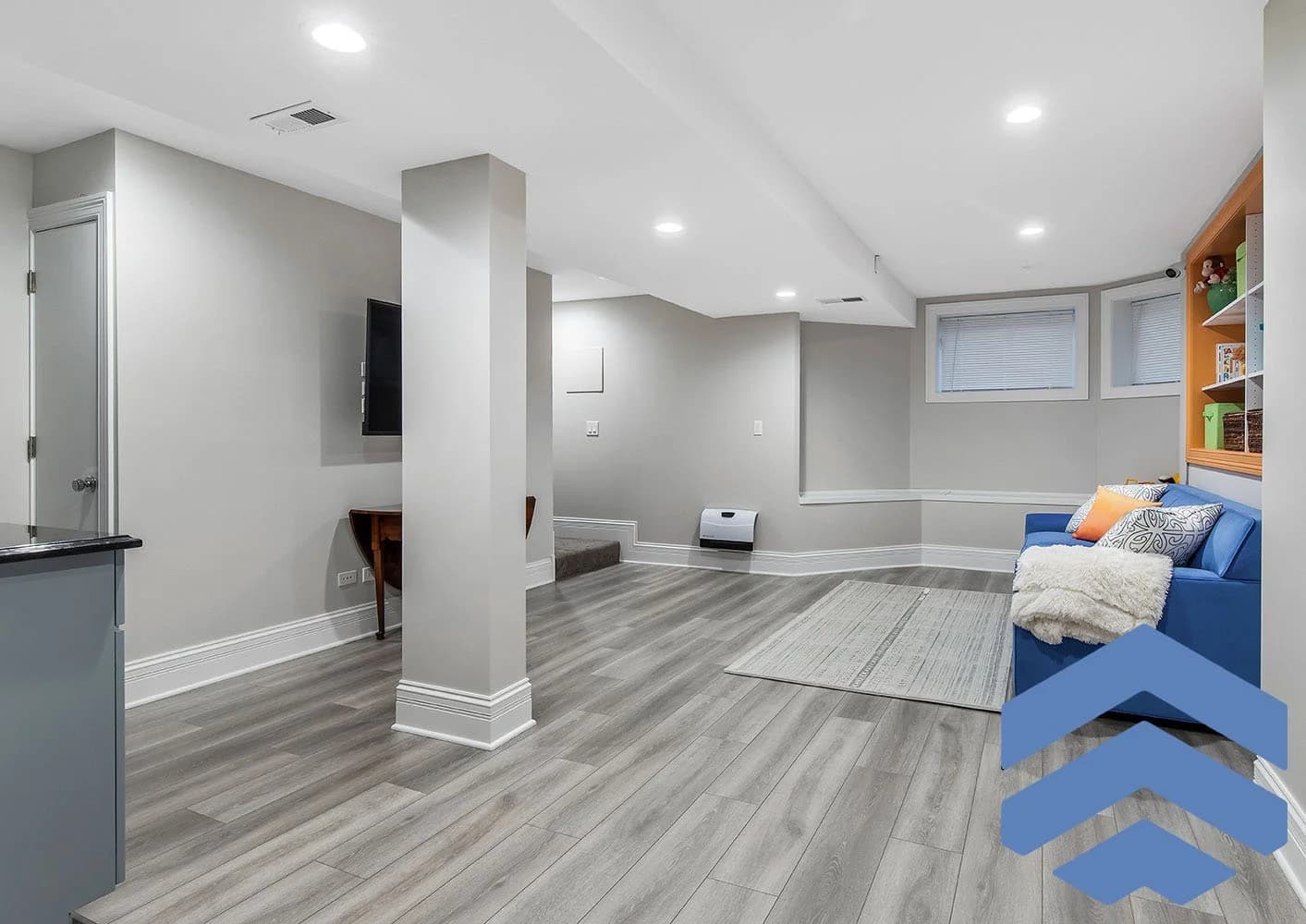 Family rec room renovation with playful but durable finishes