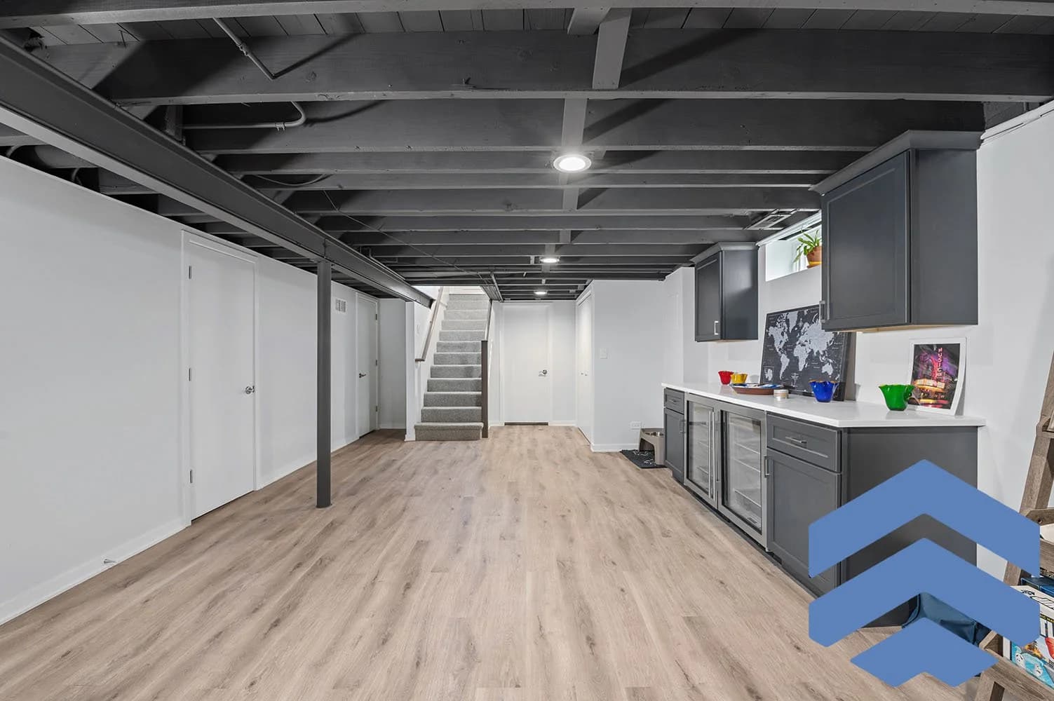 Long Island renovation page hero showing a finished lower-level rec room