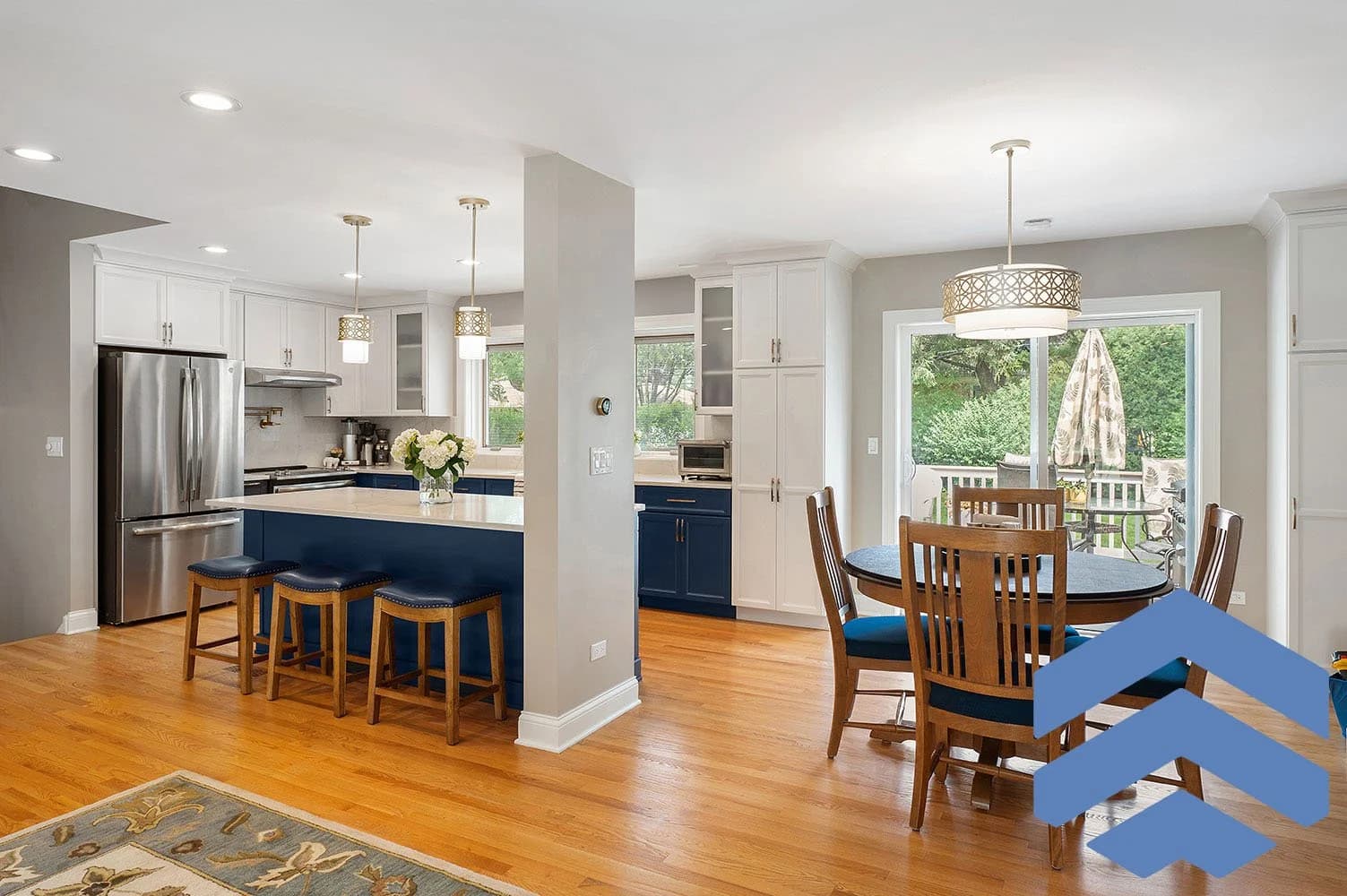 Traditional bathroom renovation with blue accents and classic detailing